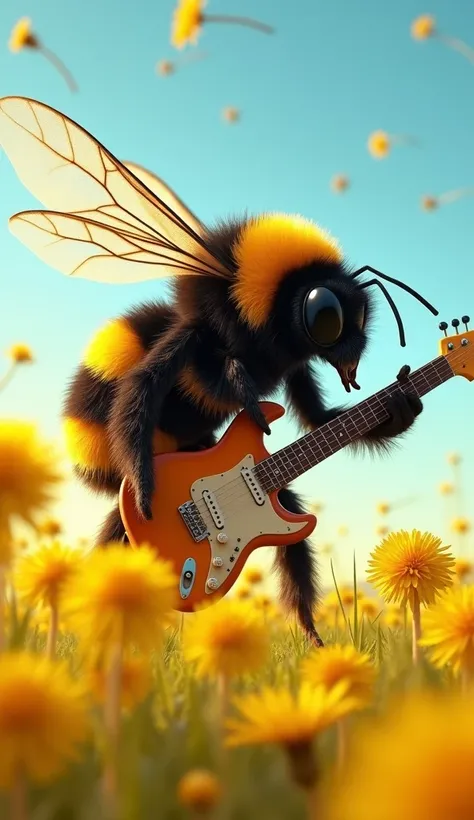 "Create an image of a large bumblebee energetically playing a rock guitar in the middle of a bright, blooming field full of dandelions. A bumblebee should move its wings to look realistic, with detailed textures and drawings that convey its voluminous wing...