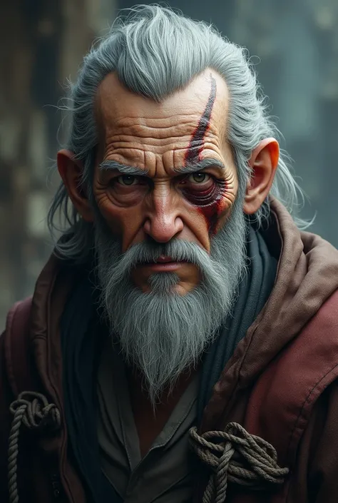  old man with a scar on his left eye, With gray hair, Human from RPG 