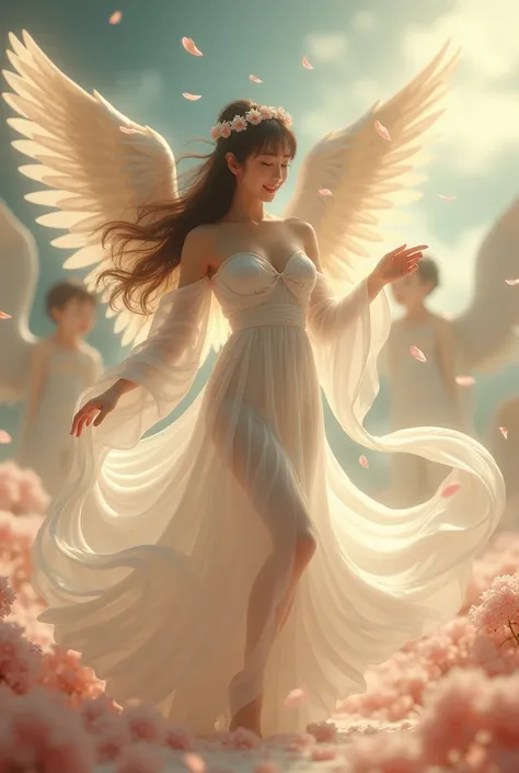 Realistic 3D sexy erotic beautiful japanese girl long bangs hair little smile in naked no outfit show nude art figure of peacful angel wings Dance and Heavenly Maiden Scattered Flowers vintage masterpieces and cultural with high artistic background blur bi...