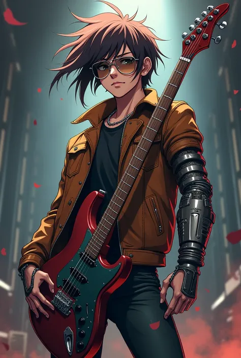 Make an anime-style rocker without a tattoo with a bionic right arm, a guitar with a blade as if it were an axe, and a brown leather jacket and aviator glasses.