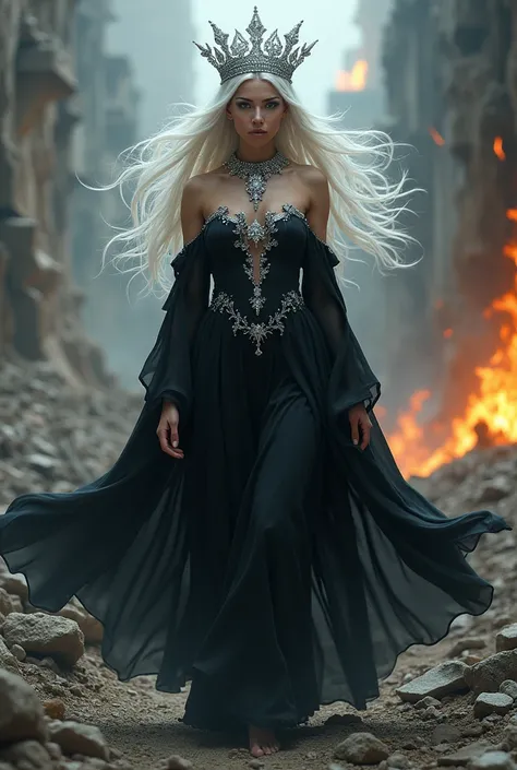 A beautiful goddess with hair as white as snow whipping behind her, adorned by a crown that shimmered with diamonds, swirling silver eyes, black robe that flows over her hourglass figure, she is walking on the ruins of a destroyed city, flames in the backg...