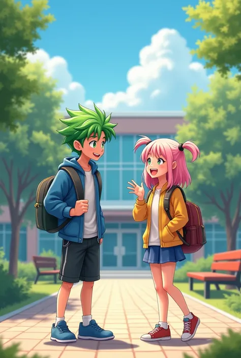 A high school boy with bright green hair and a high school girl with pink hair at school