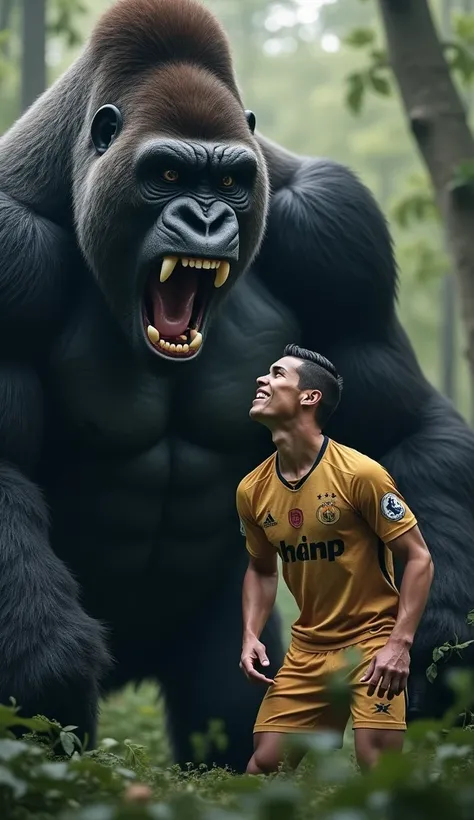 " An ultra-realistic and detailed image showing Cristiano Ronaldo next to an immense gorilla ,  extremely muscular and with a threatening appearance .  The gorilla is very close to Ronaldo ,  with his fierce face and bare teeth ,  while the player displays...