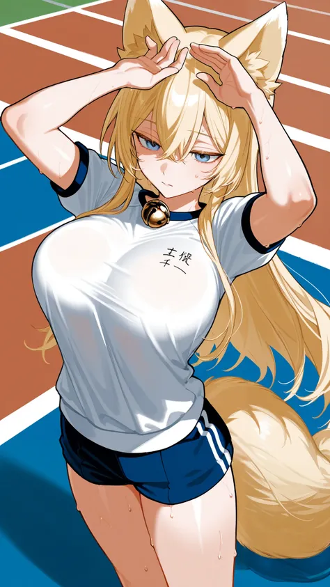 8k high resolution ( super detailed), masterpiece, ( top quality)　 animated illustration　 detailed eyes on board,  detailed face 　 detailed hands 　Fine hair　 very elaborate body 、 fine skin 　  One Girl 　 ( fox ear)　Fox&#39;s Tail　Blonde　 blue eyes　(Gym Shi...