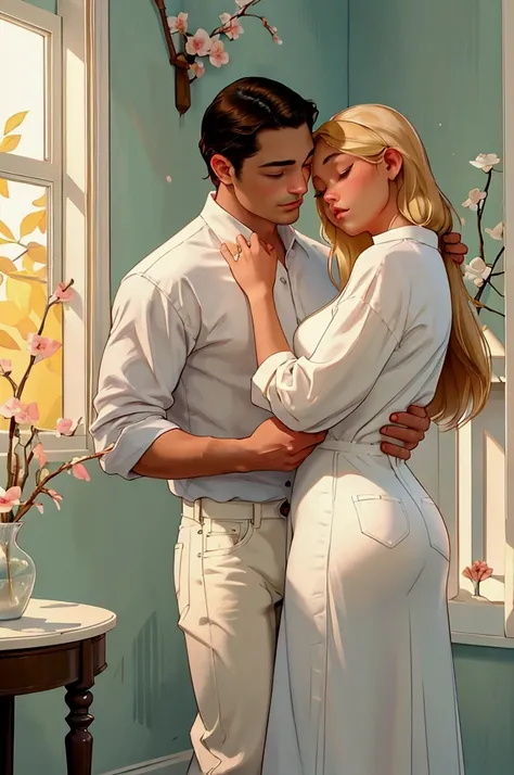 "A romantic scene in a cozy living room. The man, dressed in a white shirt and dark jeans, gently holds the womans hand as they share an intimate moment. She, in a soft pastel-colored dress, looks at him with love in her eyes. The warm golden light from a ...