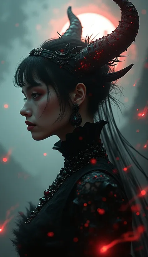 Black and red art in the form of exaggerated realistic wildlife images, digital enhancement, full-body style, translucent portrait, all shapes in black costumes, the woman has no left eye, penetrating plasma light, film light and shadow, full composition, ...