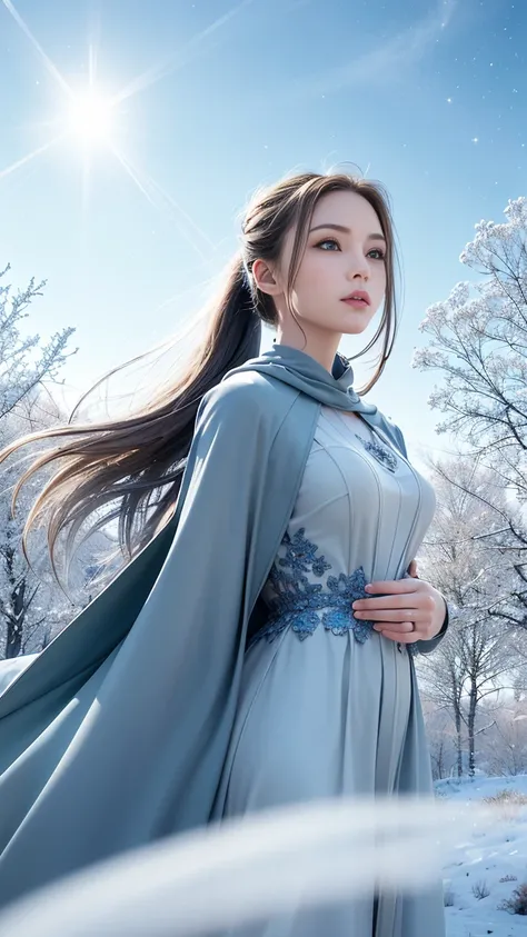 masterpiece, (highest quality: 1.2), (super fine: 1.2), figure, (very delicate and beautiful: 1.2), film angle, floating, (beautiful detail eyes: 1.1), (detail light: 1.1), film light, delicate sky, woman, gray hair, blue eyes, (high ponytail: 1.1), cloak,...