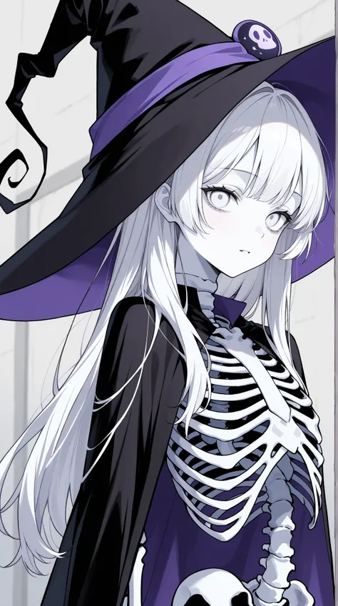 witch、White Hair、 white skin、Pale eyes、beautiful,long hair,slender,girl,witch hat,skeleton body