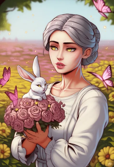 细节,  illustrion , 4K, girl,  Facial details , Big yellow eyes ,  Full Lips , upturned nose,  gray hair，With pink hair,  wearing a white dress ,  holding a rabbit in their hands , Flowers in the background ,   white butterflies in the foreground , Realistic...