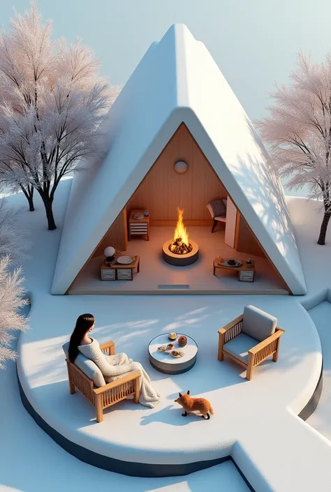 Professional 3d architecture circular  perspective  3 rendering  from Lateral  and  above and in front of design of  maket in circular space   That’s around itself of modern and minimal  elegant  and luxurious big  Japanese cabin land in  winter and snowy ...