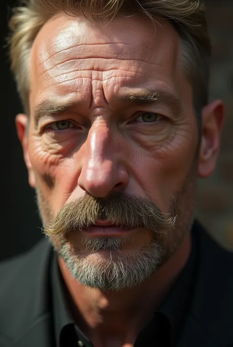  white man , german, 50 years, bulky mustache, big nose. Blond hair Close-up, cinematography,  hyperdetailed ,  photorealism , 