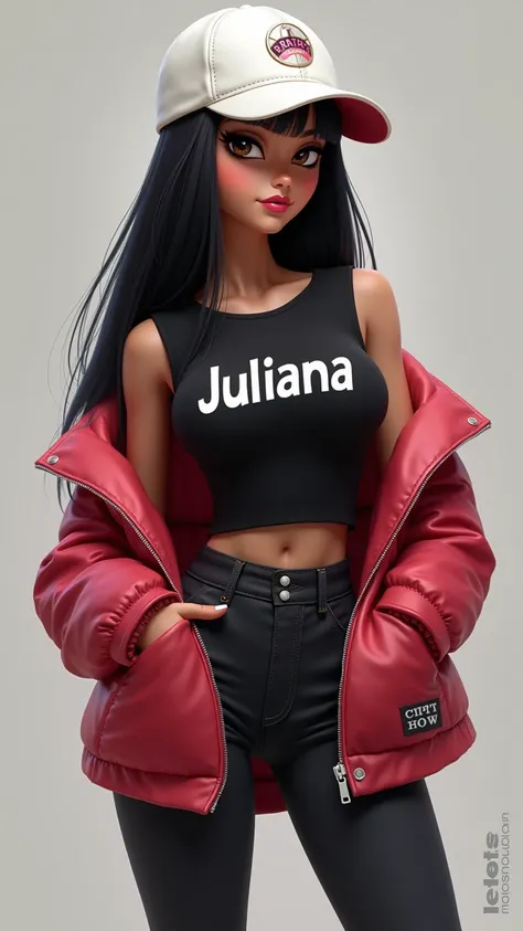 A bratz doll with straight black hair and white skin, He is wearing a white cap and a black top that bears his name. "Juliana" and a jacket on the shoulder.
Usa yogins jeans