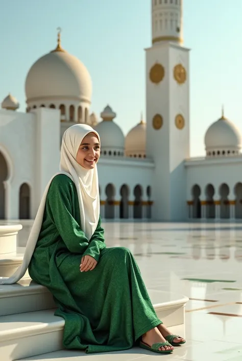 realistic photo, a beautiful girl wearing a long white hijab smiling, wearing a green brocade robe, wearing green leather sandals, is sitting on the steps of the terrace in front of the magnificent mosque, k8