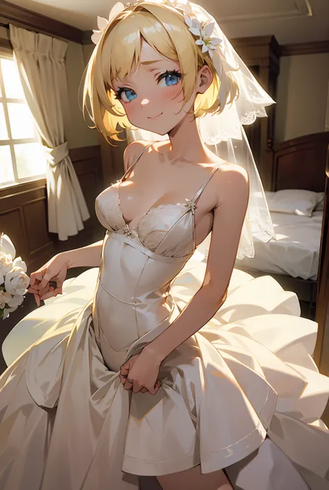  1 girl, masterpiece,  high definition ,blonde bob hair blue eyes , (( wedding dress, room,   bridal lingerie , wedding theme ))Big Breasts、Small handle with slim body