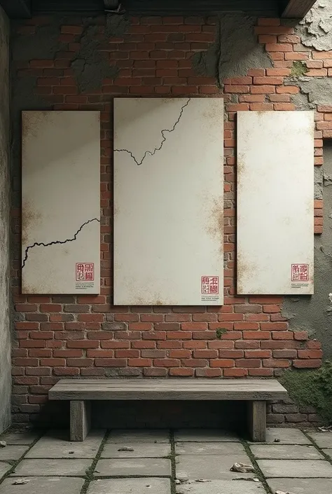 An aged, weathered urban wall in a historical setting, inspired by East Asian architecture. The wall has cracked bricks, mossy textures, and peeling plaster. Three large, space for modern posters are aligned on the wall, featuring minimalist clothing desig...