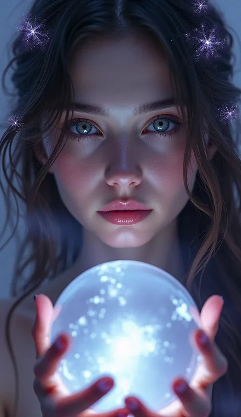 Close-up of a mystical and mysterious young woman holding a glowing crystal ball. Her face is illuminated by intricate light patterns, and her intense gaze exudes wisdom. The background features a celestial aura with hues of purple and silver."