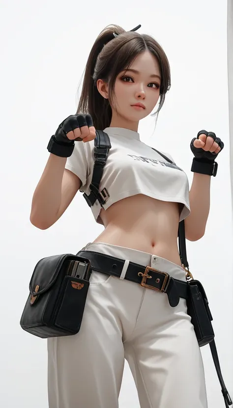 (masterpiece, best quality:1.2), solo, 1girl, White skin, Korean female, looking at viewer, ponytail, crop top, fingerless gloves, belt, pouch, white background, 3D, paw pose, underpants