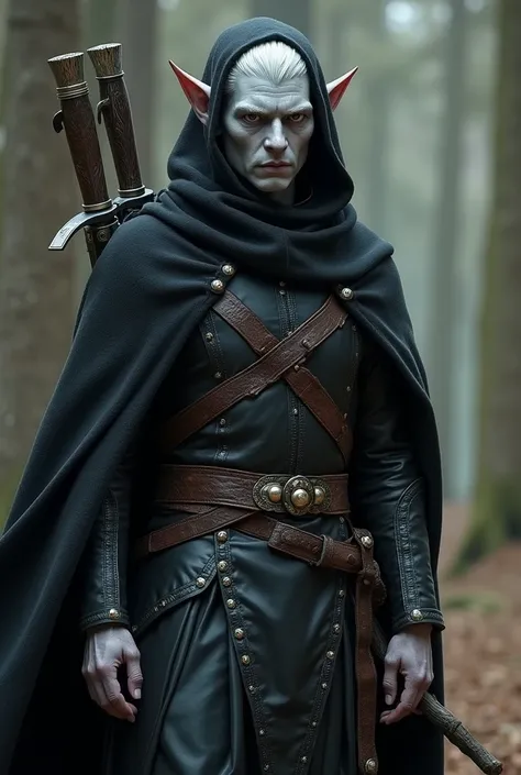  an elf with gray skin ,   wearing black leather clothes with a black hood so as not to be hit by the suns rays, black cover, big white hair,  the clothes with small gold details ,  with a quiver on the back ,  a rapier at the waist ,  with a felt with two...