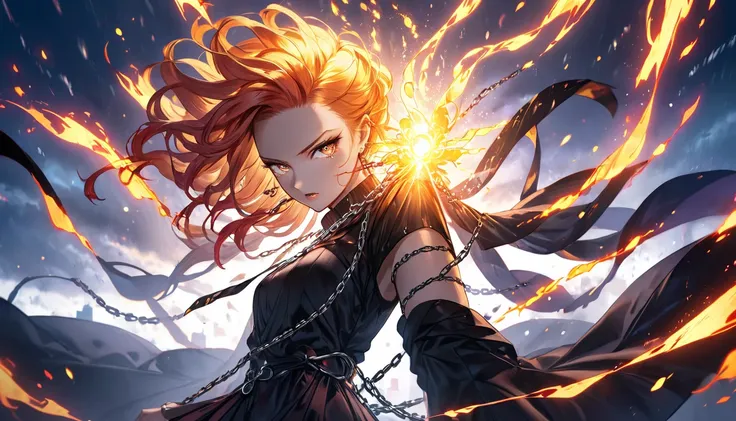 A striking and empowering anime-style illustration featuring a fierce and confident woman. She stands in a dramatic pose, breaking free from glowing chains, symbolizing freedom and self-expression. The background showcases a dark and stormy sky illuminated...