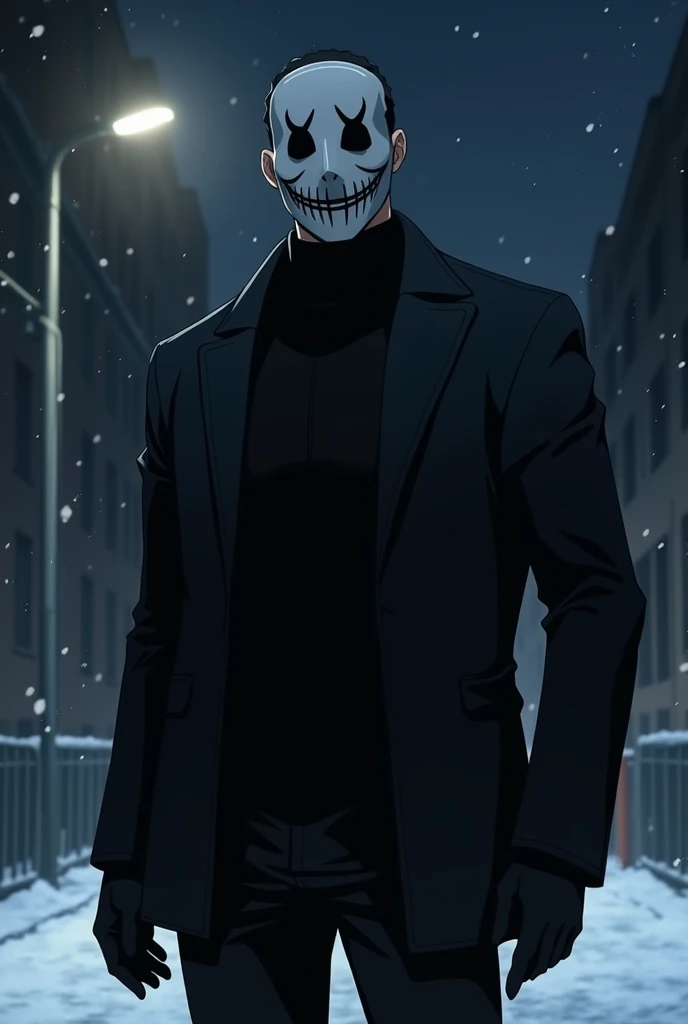 Make an anime image. Photo  .  There is a man with a proportional body and his head is black in which a man in a black mens jacket and black gloves and a black villain stands in a snowy night under the dim light of a sidewalk lamp and on himself a mask wit...