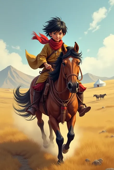 Mongolian boy riding a horse