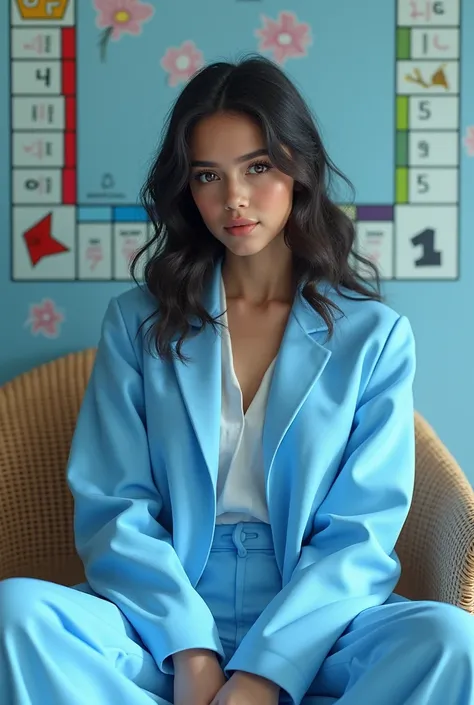 GOT  NUR FAZIRA  ON IT,BLUE WHITE COLOUR THEME, AI YOUNG LADY SITTING ON CHAIR ,BACKGROUND GOT MONOPOLY BOARD THEME