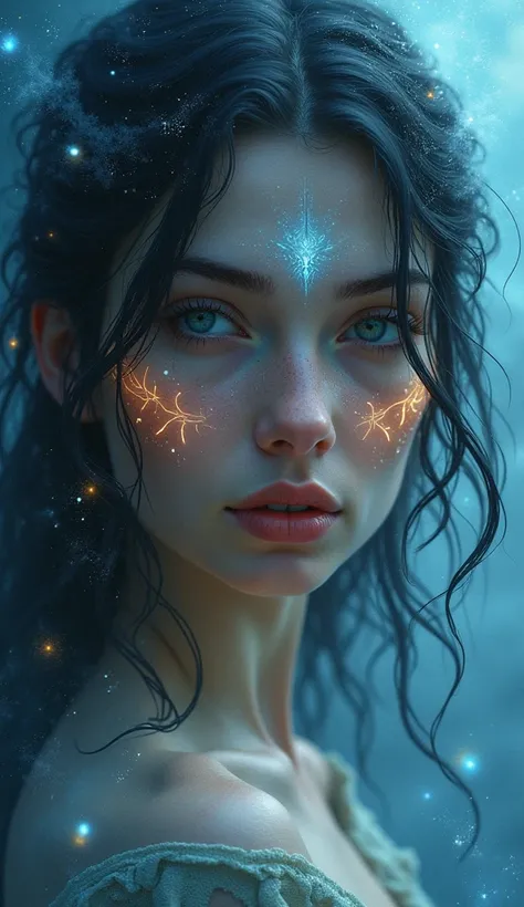 Portrait of a mystical woman with glowing tattoos on her cheeks and forehead. Her serene expression is framed by celestial elements and a magical blue and silver background."
