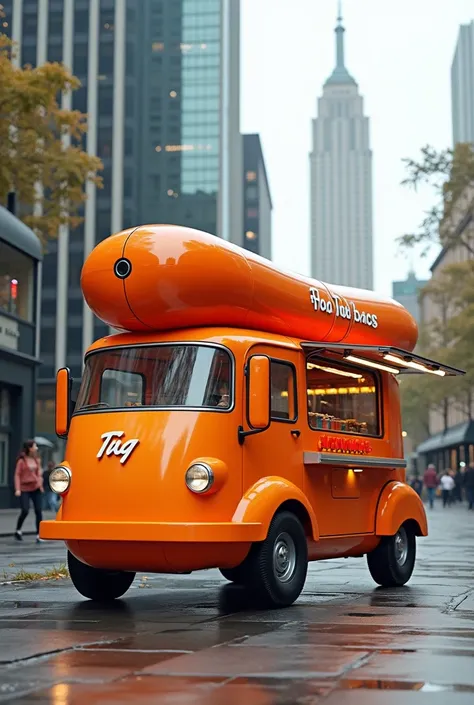 A hot dog on wheels that went on a long journey around the city, a modern bright design that attracts the attention of those who like to eat well and relax in nature.