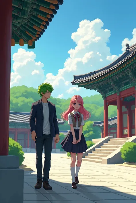 A mature high school boy with bright green hair and a high school girl with mature pink hair who went to Gyeongbok Palace