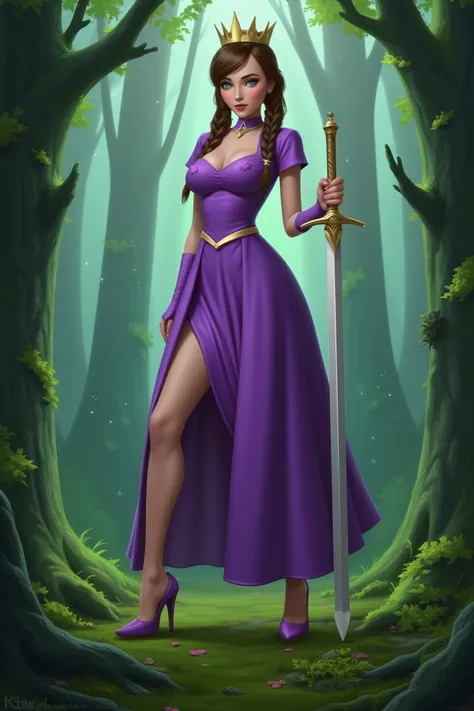 Queen golding simple Longsword, in the forest, moss, trees, purple dress, crown, blue eyes, High Details, Sparkle, Emphasis Lines, Glowing Light, purple high heels, long hair, brown hair, braids