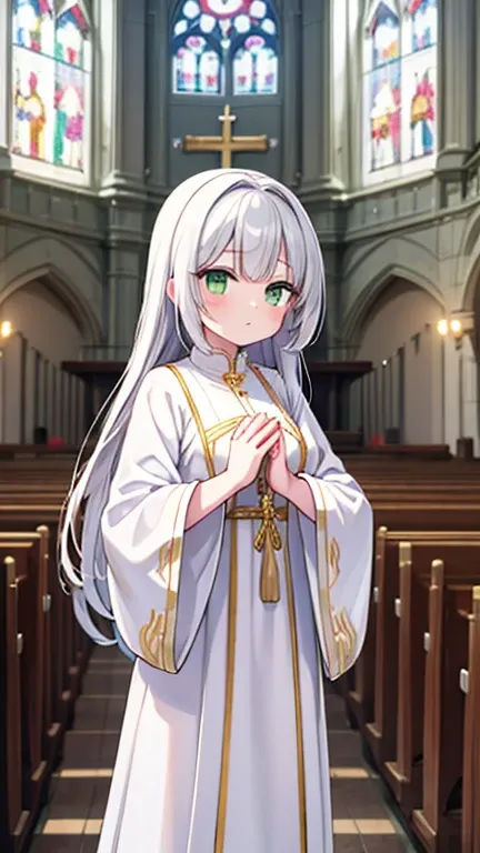 A big girl, Silver long hair, green eyes, white prayer clothes, squint, church, pray