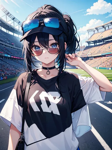  pretty girl、 black hair、Blue Hair、 ponytail、 cap、 sunglasses、Stadium jumper、Ｔ shirt、 choker 