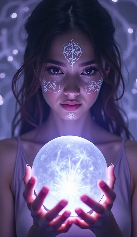 Portrait of a mystical woman with glowing designs on her face, holding a crystal ball glowing softly in white light. Her intense gaze is framed by a celestial purple and silver atmosphere."