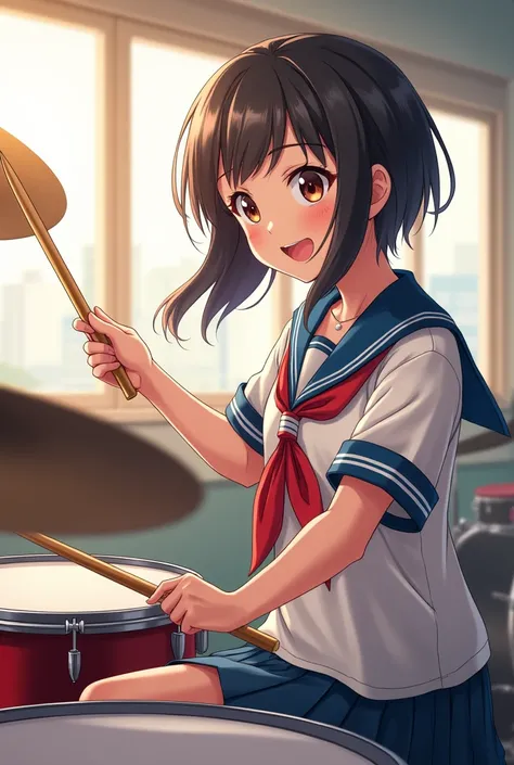 Anime  highschool girl  learning drum sets