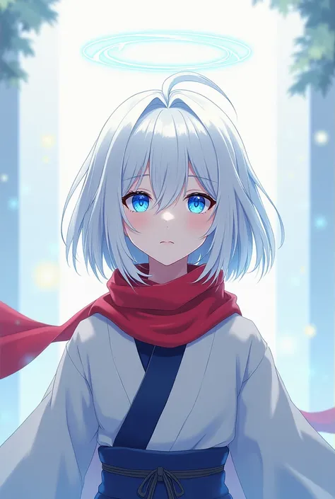 Blue dragon eyed white haired anime boy with a halo on his head wearing a wide white haori wearing a red optical scarf