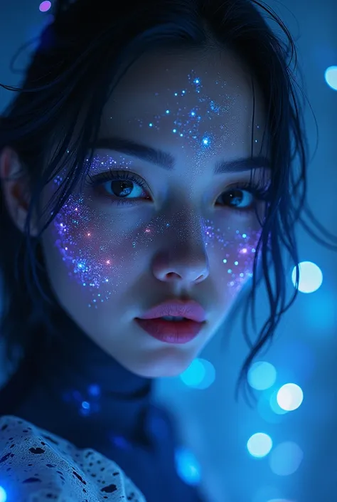 Close-up of a mysterious woman with glowing patterns across her face and a captivating gaze. The celestial background is adorned with soft blue and purple lights."
