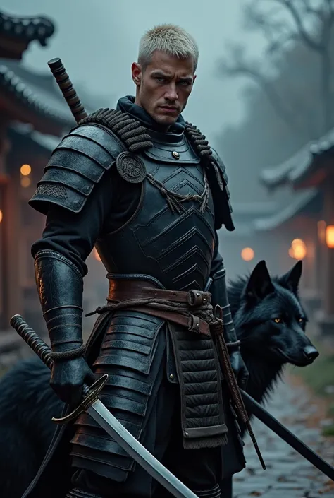   creates hyper realistic image of a blond warrior man ,  muscular and athletic body,  Blue Eyes, short hair,  with lightly dressed katana sword  , tattooed ,  shiny black silver armor  ,  scar on the eye , Dangerous black wolf at his side ,  background of...