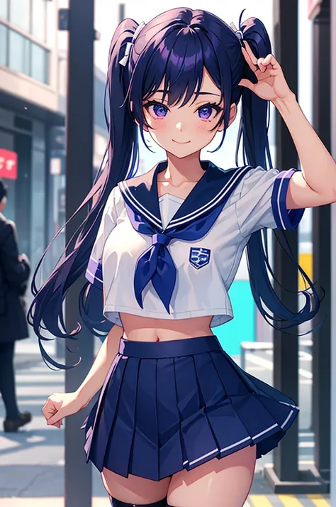 a cute boy ,solo,trap,blue twintail hair,medium breast ,purple eye,eye makeup,shy,embrassed,smile,wearing a japan school navy blue sailor coller,midriff ,blue skirt,blue striped panties ,navyblue stockings,standing sexy pose on platform in a downtown city ...