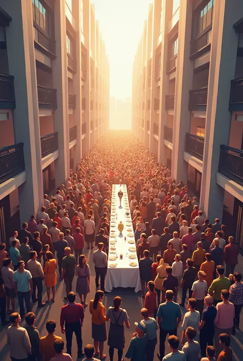  The picture is a digital illustration of a large crowd of people gathered in a shopping mall .  The crowd consists of people of different ages and races, all standing in a grid-like pattern.  In the center of the picture, there is a long table with a whit...