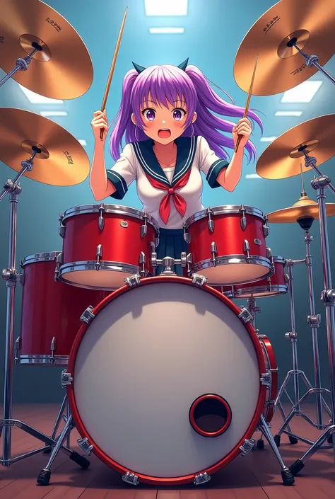 Anime  highschool girl  playing the largest drum sets