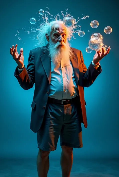 An old man with wrinkles on his face, a long white mustache, a long white beard, wearing a stylish suit, standing, nervous, screaming, with a water ball on his head, with a water ball in his hand, wearing shorts, blue background, orange and blue background...