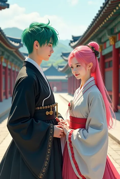 A high school boy with mature bright green hair wearing a black hanbok and a high school girl with mature pink hair wearing a white hanbok at Gyeongbokgung