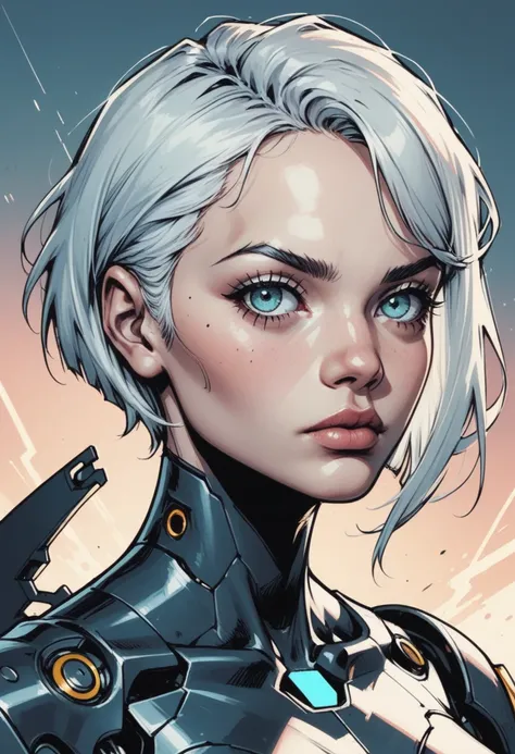 1girl, solo, white hair, looking at viewer, mechanical parts, cyborg, science fiction, short hair, android, portrait,  parted  blue eyes, cyberpunk, robot joints, glowing, joints, artificial eye, aqua eyes, zPDXL3, detailxl,  Score_PnyReal,, s1_dram 