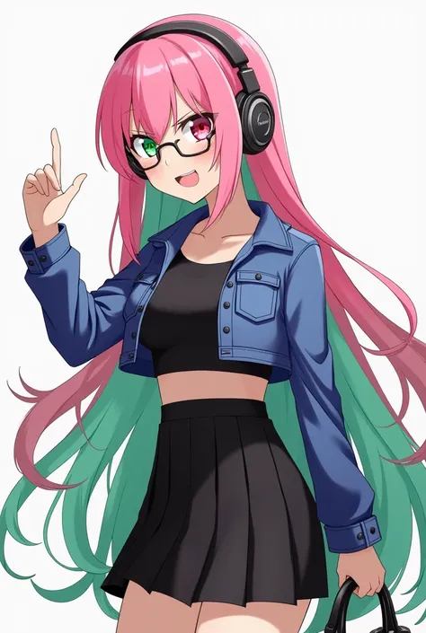 woman,  long pink and green hair , sidcut, eyes with heterochromia,   with green left eye  , red right eye, decide, with anger, cropped black dress , denim jacket over the top  ,   black skirt and wearing boots  ,   wearing headphones and glasses, with a b...