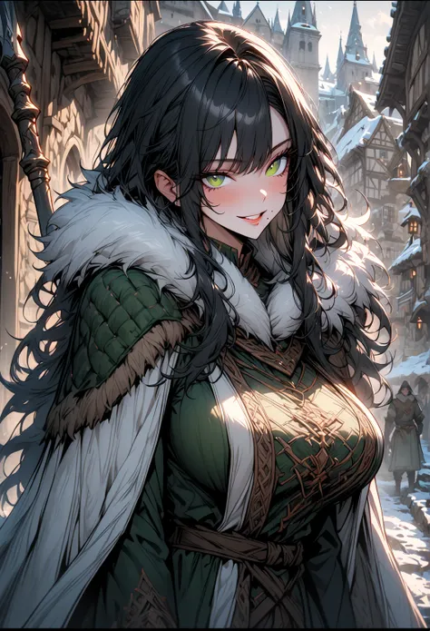 (Best quality, 4k, 8k, high reshevr: 1.2), Masterpiece, very detailed, ultra-detailed, female, solo, long hair, wild hair, black hair, green eyes, muscular:1.3, mischievous smile, warm, huge breasts, broad shoulders, village leader, medieval, small town, w...