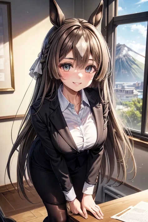 satono diamond (Uma Musume),  taking pictures  , cute girl, (( One Girl )), ((baby face:1.4)), ((cute:1.4)), 
break 

(( black business suits )) : (( black suit jacket :1.3)) + ((White dress shirt)) + (( Black Pencil Skirt:1.2)) + ((low denier sheer black ...