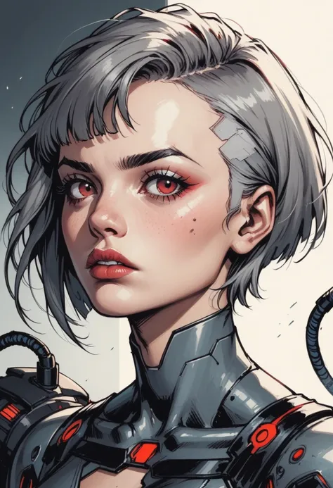 1girl, solo, red eyes, looking at viewer,  science fiction, portrait, teeth, cyberpunk, short hair, mechanical parts, cyborg, android, cable, grey hair, makeup, zPDXL3, detailxl,  Score_PnyReal,, s1_dram 