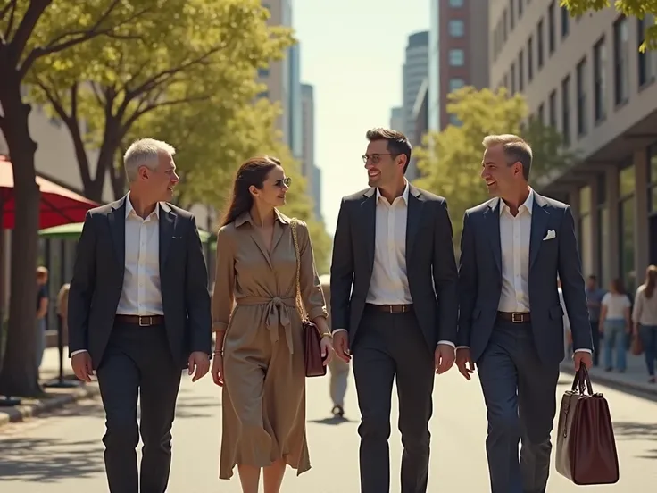 4 adults aged 40 years old boys,  talking about the Bible while walking down a street