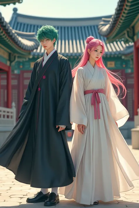 A high school boy character with mature bright green hair wearing a black hanbok at Gyeongbokgung Palace and a high school girl character with mature pink hair wearing a white hanbok