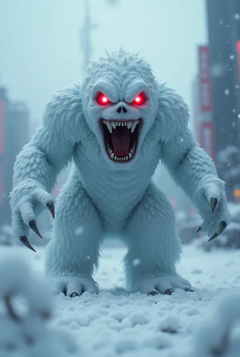  movie scene 、 Imprint Image、8k、 its snowing、The snowy landscape of Tokyo 、 snowman monster、 eyes are glowing red 、It has fangs and its mouth is wide open